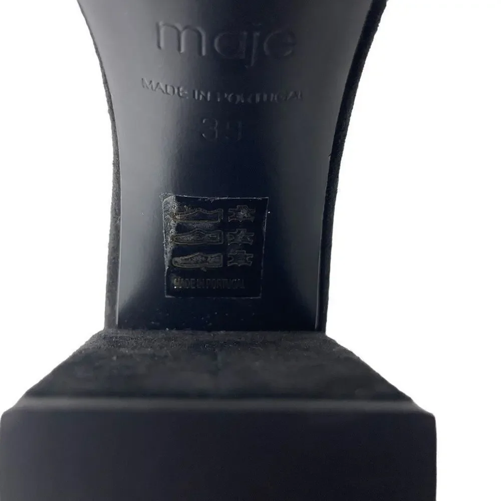 Maje Womens Studded Suede Black Gold Block Heels Sandals Size EU 39 US 8.5-‎ 9